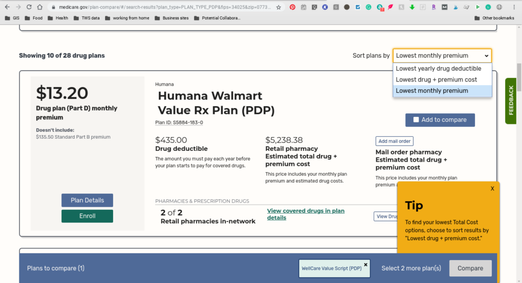 Tile with the details on the Humana Walmart Value Rx Plan (PDP).  The upper right corner has a drop-down menu to "sort plans by" with three options "Lowest yearly drug deductible" "lowest drug + premium cost" and, highlighted "lowest monthly premium"