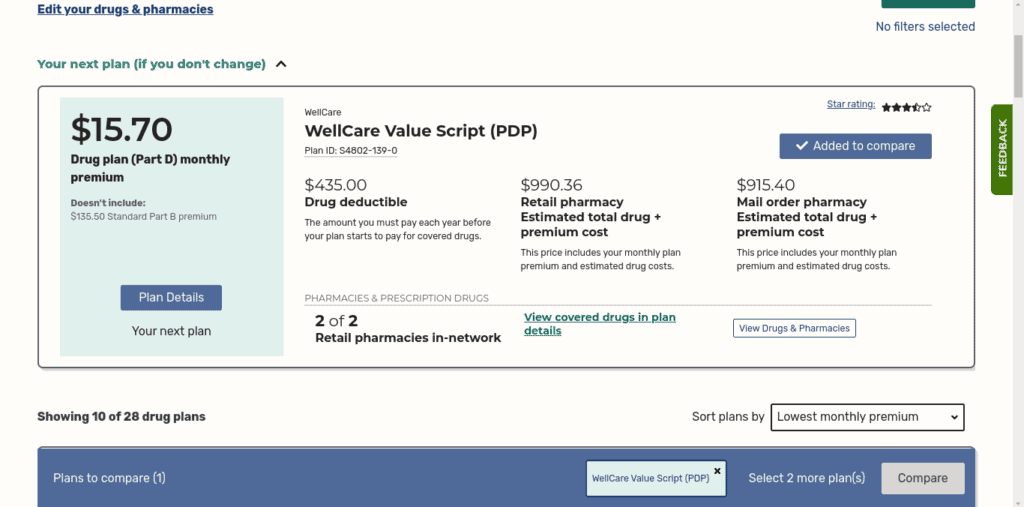 screenshot of my 2019 plan updated to 2020.  To the left is a light turquoise box reading "$15.70 Drug plan (part D) monthly premium  Doesn't include: 135.50 standard part B premium"  with a dark blue square around "Plan details" and the words "your next plan" written below in black ink.  the next section is white with the title"WellCare Value Script(PDP) with the plan ID below it.  Underneath that are 3 columns of costs the left one reads "$435.00 Drug deductible" the middle one reads "$990.36 Retail pharmacy Estimated total drug and premium cost" and the one to the right reads "915.40 Mail order pharmacy estimated total drug and premium cost"
Across the bottom of the box is the title "Pharmacies and prescription drugs" "2 of 2 Retail pharmacies in-network" a link "view covered drugs in plan details" and a button "view drugs and pharmacies"