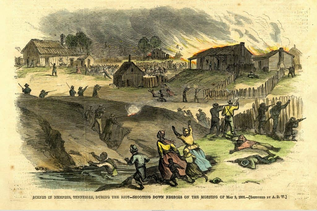 colored ink illustration of a riot with white men attacking black men and women in a public area.  Houses are visible in the background.