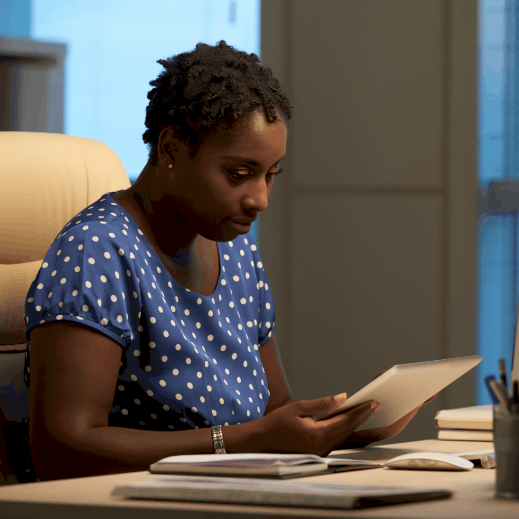 Black woman with short, natural hair reads over a document at her desk.